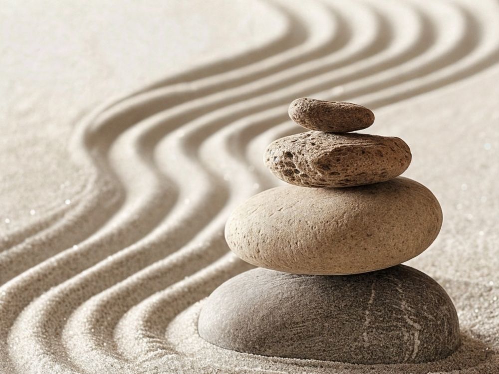 Stacked stones in the sand, symbolizing community and shared reflection
