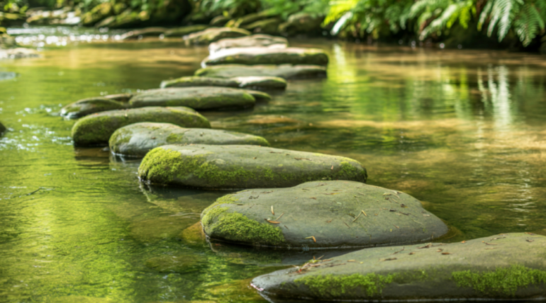 Continuity represented by stepping stones across calm water symbolizing mindful communication.