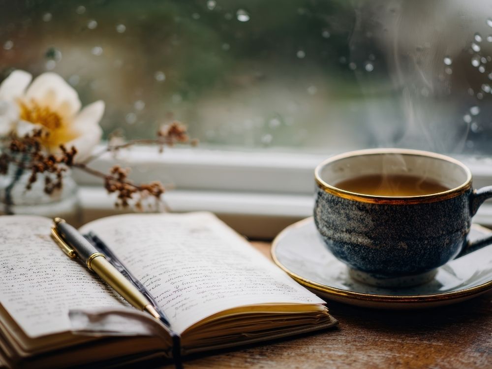 Steaming cup beside an open journal with a pen, set on a windowsill, symbolizing reflection and daily practice