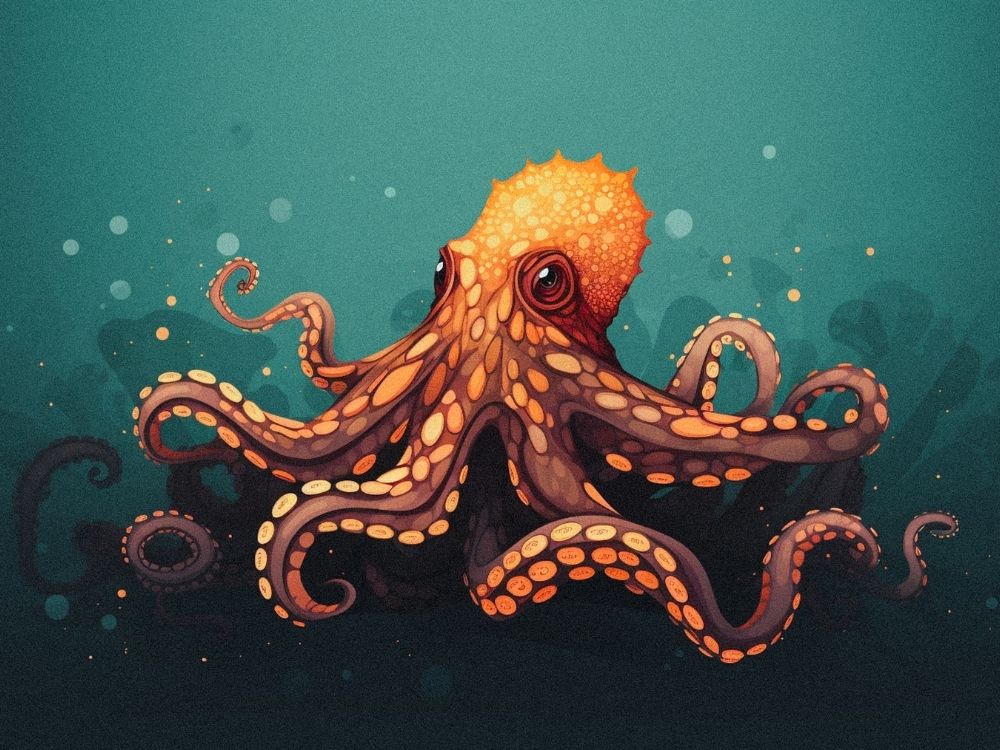Octopus extending arms underwater, symbolizing interconnectedness of the Eightfold Path