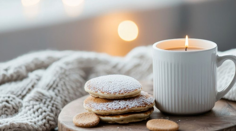 A softly lit room during wintertime with a feeling of quiet warmth indoors.